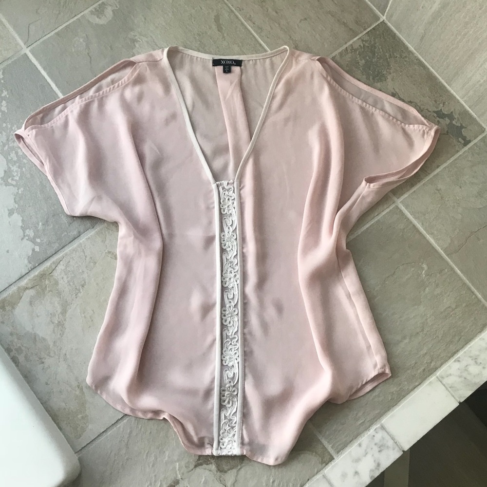 NEW XOXO cold shoulder blouse with lace accent